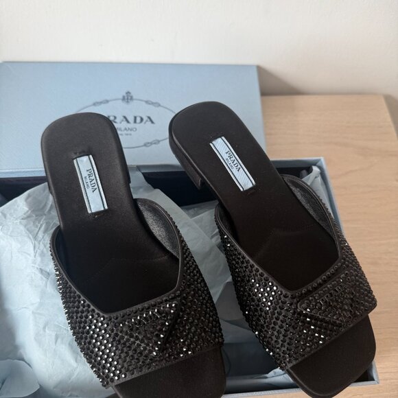 NWT Prada Slide Sandals Black Satin Crystal Embellishment Allover Triangle Logo - Picture 4 of 12
